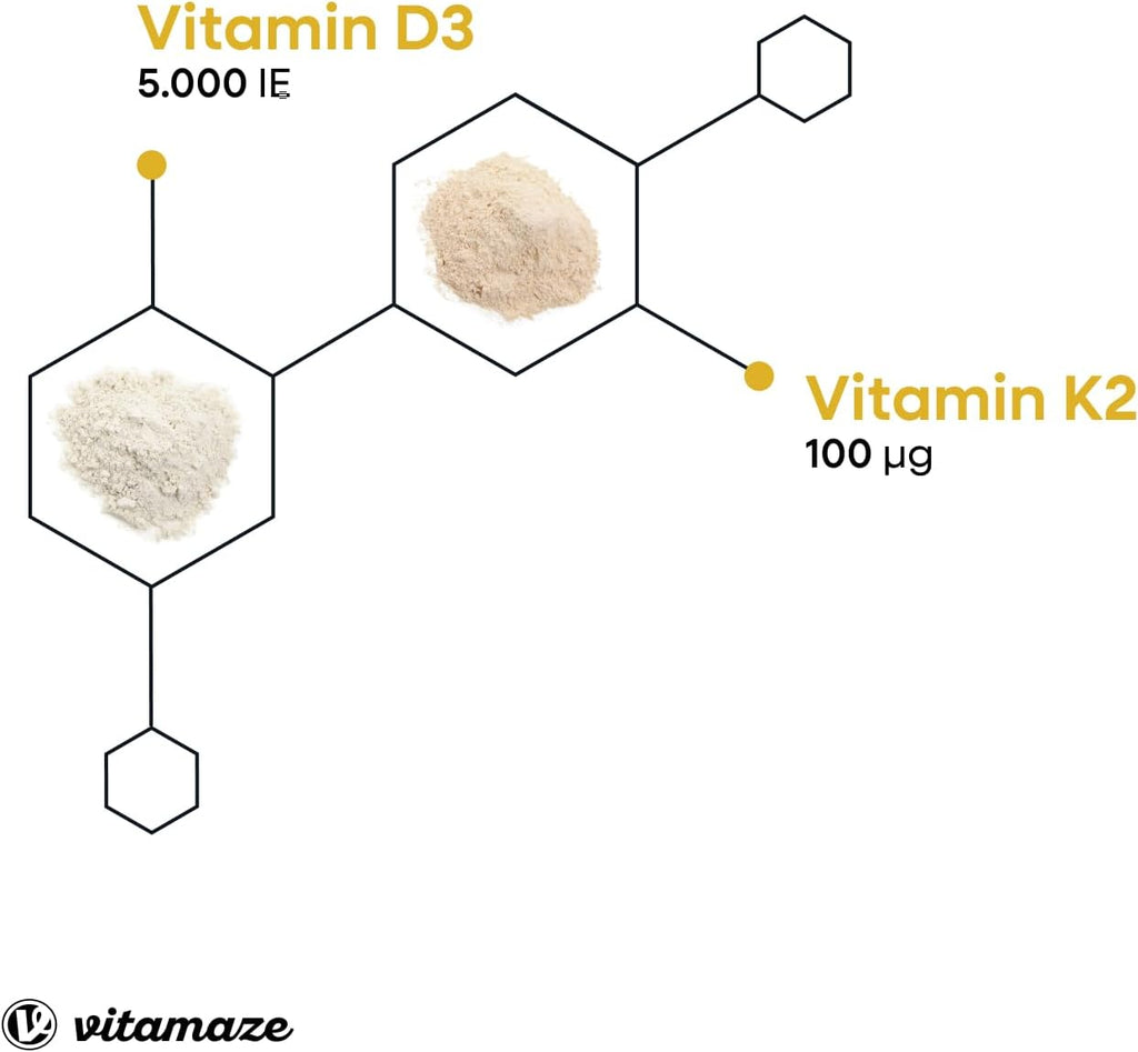Vitamine D3 K2 hoge dosering, 180 tabletten, 5000 IE vitamine D3 + 100 mcg vitamine K2 depot, zonder onnodige toevoegingen, hoge biologische beschikbaarheid, gemaakt in Duitsland
