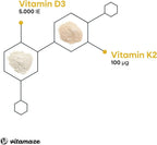 Vitamine D3 K2 hoge dosering, 180 tabletten, 5000 IE vitamine D3 + 100 mcg vitamine K2 depot, zonder onnodige toevoegingen, hoge biologische beschikbaarheid, gemaakt in Duitsland