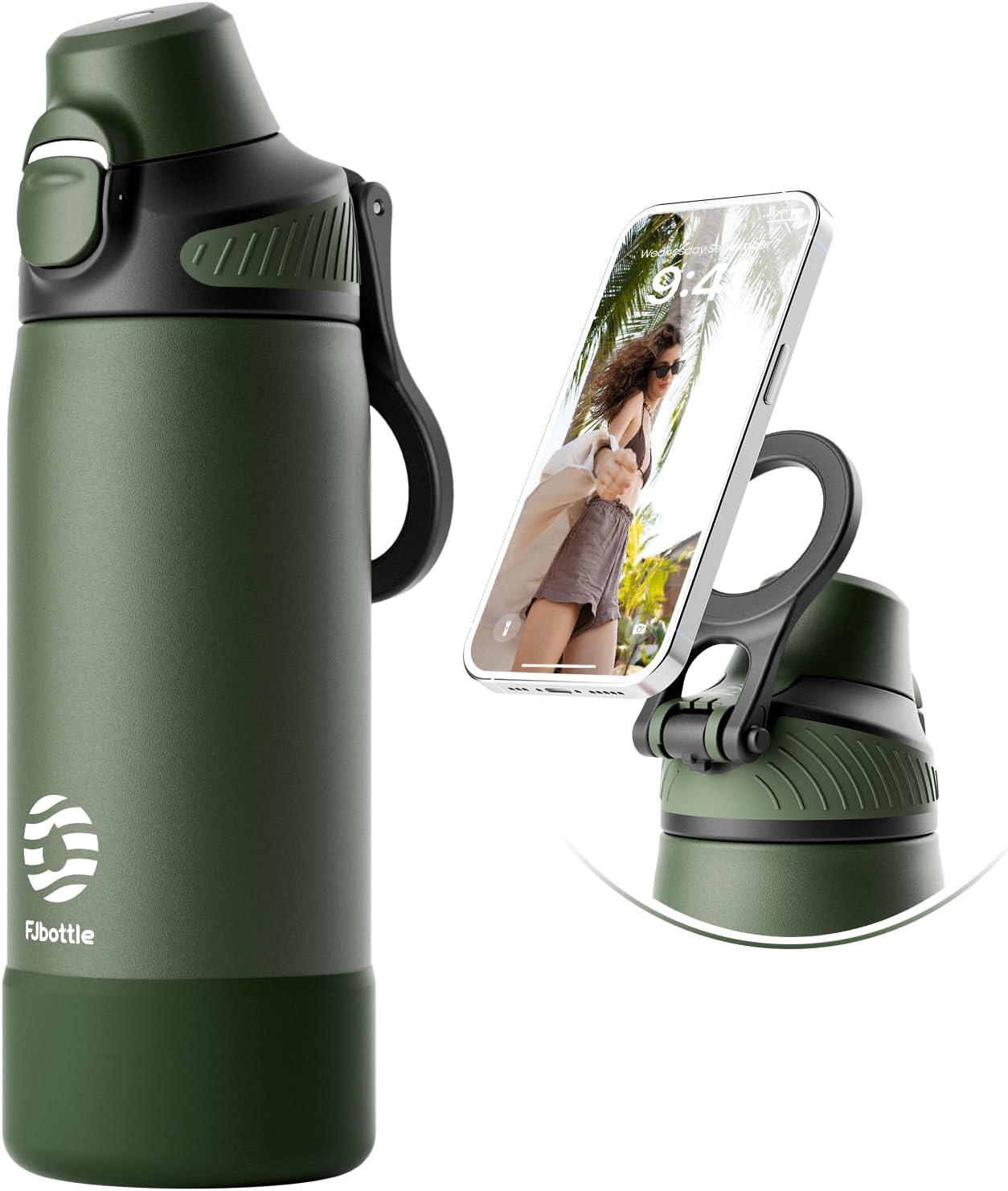 Fjbottle Thermosfles met rietje, magnetische handgreep voor telefoon + dubbel drinksysteem, sportfles, 1 l/700/600 ml, opening met 1 klik, BPA-vrij, lekvrij, voor fitnessstudio, yoga