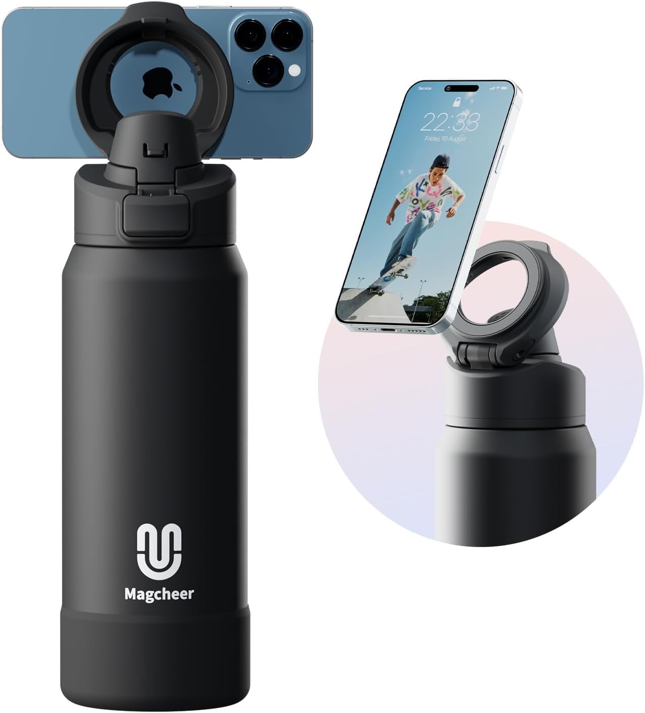 Magcheer Magnetische waterfles met telefoonhouder compatibel met MagSafe geïsoleerde sportfles voor koude dranken voor 24 uur statief fles voor reizen en fitness selfie (zwart)
