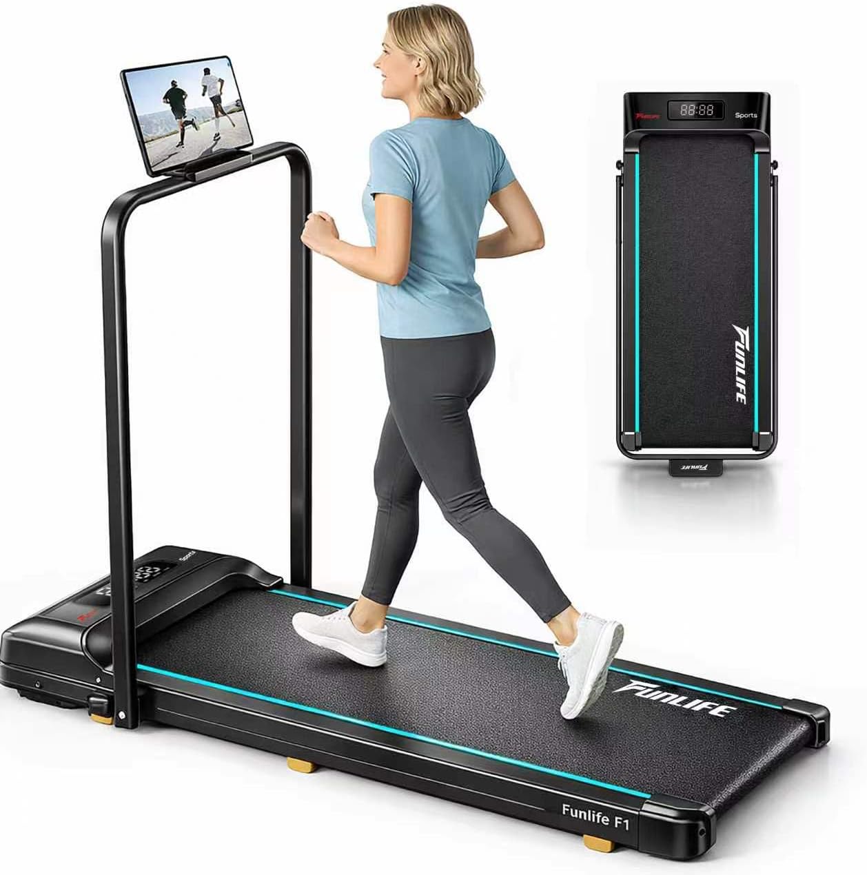 Walking Pad/loopband voor thuis, inklapbaar, 3-in-1 mini-loopband met handgreep, stil en plat, tot 120 kg, geschikt voor bureau en thuiskantoor, senioren en revalidatie, FunLife F1