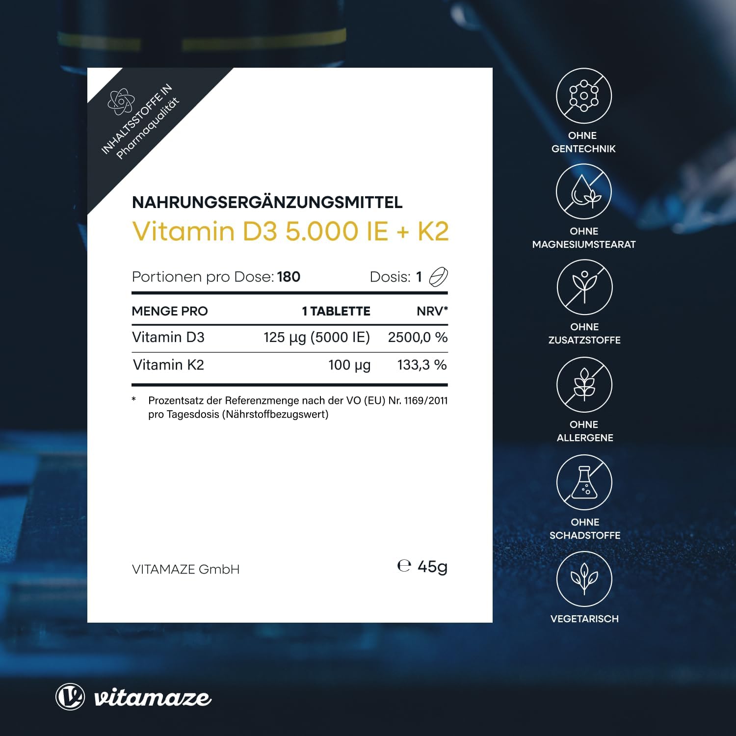 Vitamine D3 K2 hoge dosering, 180 tabletten, 5000 IE vitamine D3 + 100 mcg vitamine K2 depot, zonder onnodige toevoegingen, hoge biologische beschikbaarheid, gemaakt in Duitsland