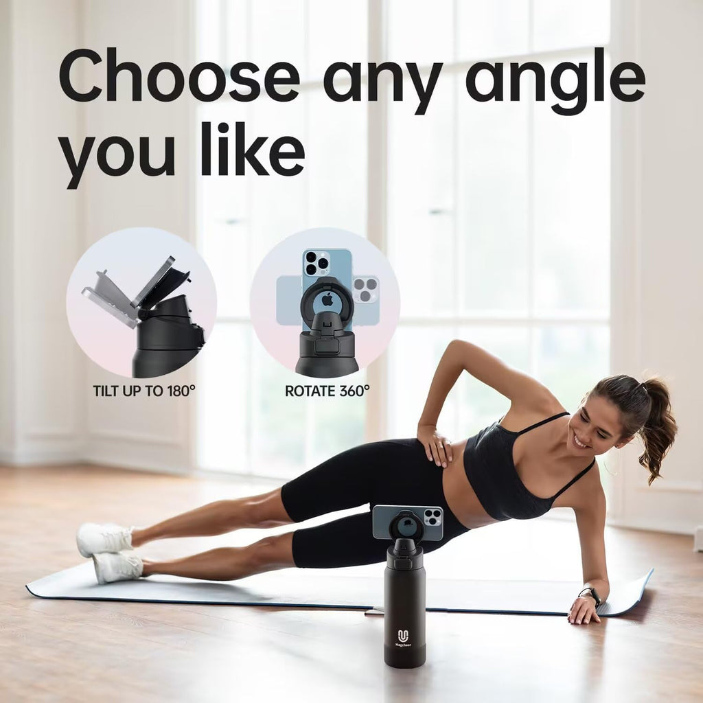 Magcheer Magnetische waterfles met telefoonhouder compatibel met MagSafe geïsoleerde sportfles voor koude dranken voor 24 uur statief fles voor reizen en fitness selfie (zwart)