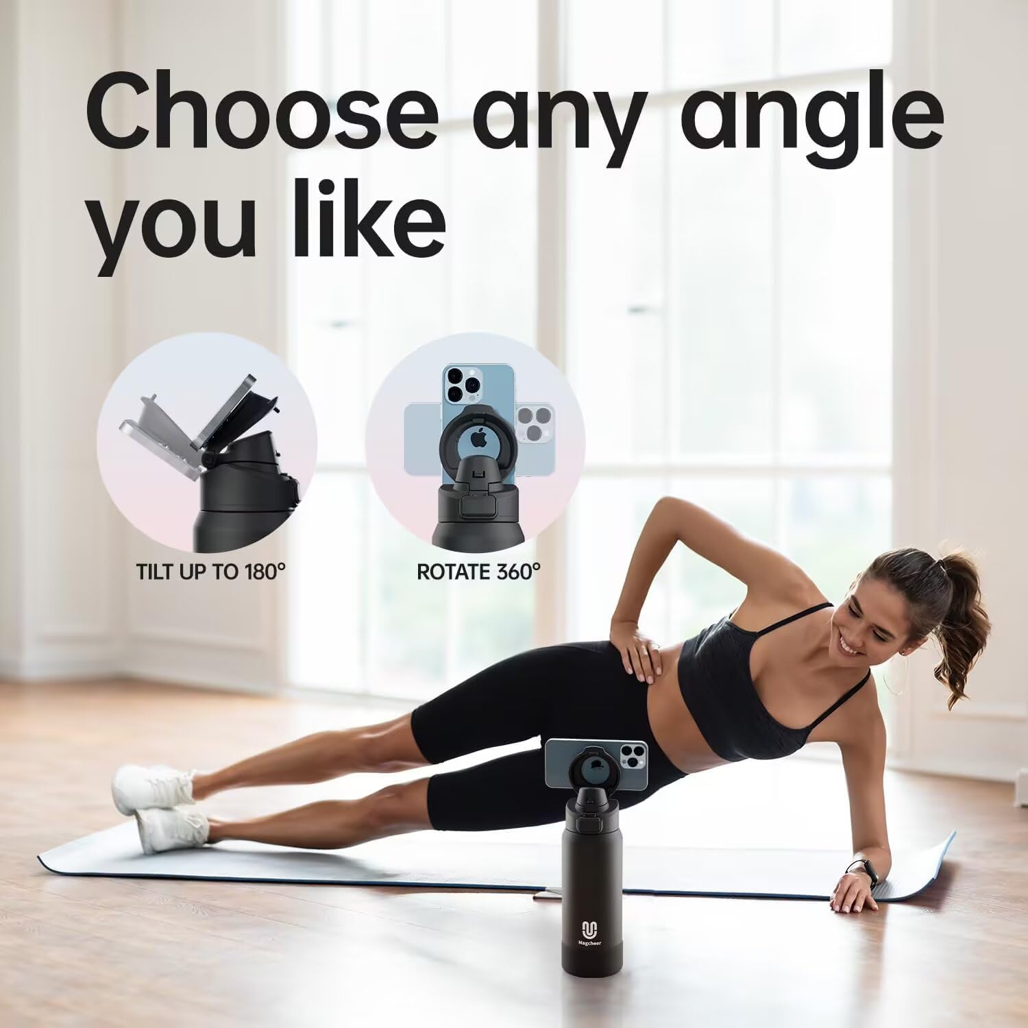 Magcheer Magnetische waterfles met telefoonhouder compatibel met MagSafe geïsoleerde sportfles voor koude dranken voor 24 uur statief fles voor reizen en fitness selfie (zwart)