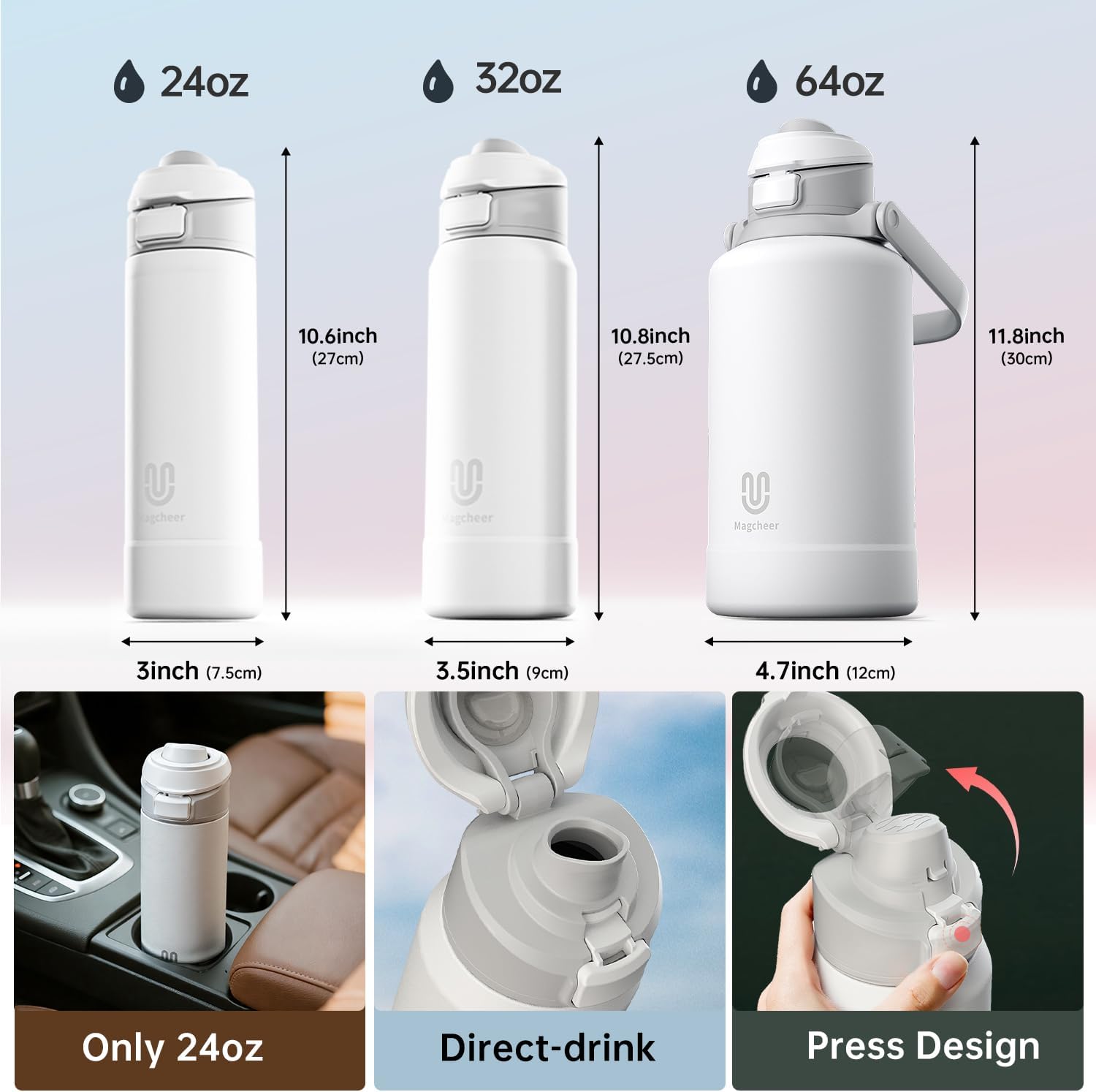 Magcheer Magnetische waterfles met telefoonhouder compatibel met MagSafe geïsoleerde sportfles voor koude dranken voor 24 uur statief fles voor reizen en fitness selfie (zwart)