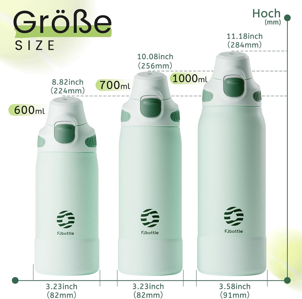 Fjbottle Thermosfles met rietje, magnetische handgreep voor telefoon + dubbel drinksysteem, sportfles, 1 l/700/600 ml, opening met 1 klik, BPA-vrij, lekvrij, voor fitnessstudio, yoga