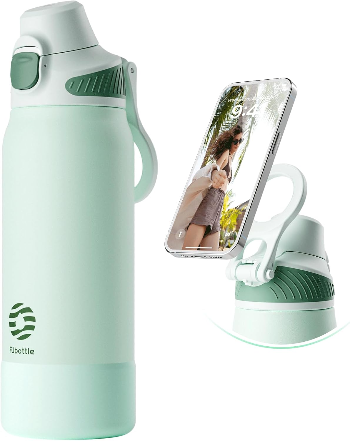 Fjbottle Thermosfles met rietje, magnetische handgreep voor telefoon + dubbel drinksysteem, sportfles, 1 l/700/600 ml, opening met 1 klik, BPA-vrij, lekvrij, voor fitnessstudio, yoga