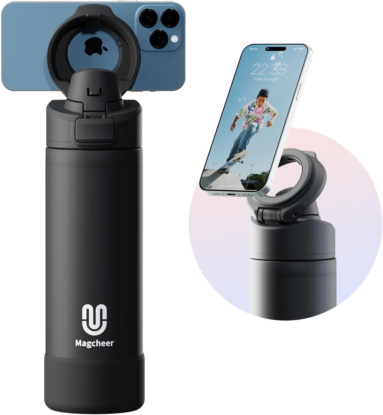 Magcheer Magnetische waterfles met telefoonhouder compatibel met MagSafe geïsoleerde sportfles voor koude dranken voor 24 uur statief fles voor reizen en fitness selfie (zwart)