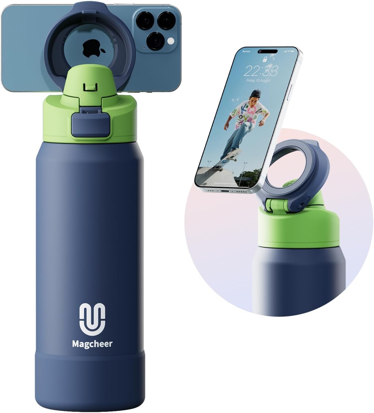 Magcheer Magnetische waterfles met telefoonhouder compatibel met MagSafe geïsoleerde sportfles voor koude dranken voor 24 uur statief fles voor reizen en fitness selfie (zwart)