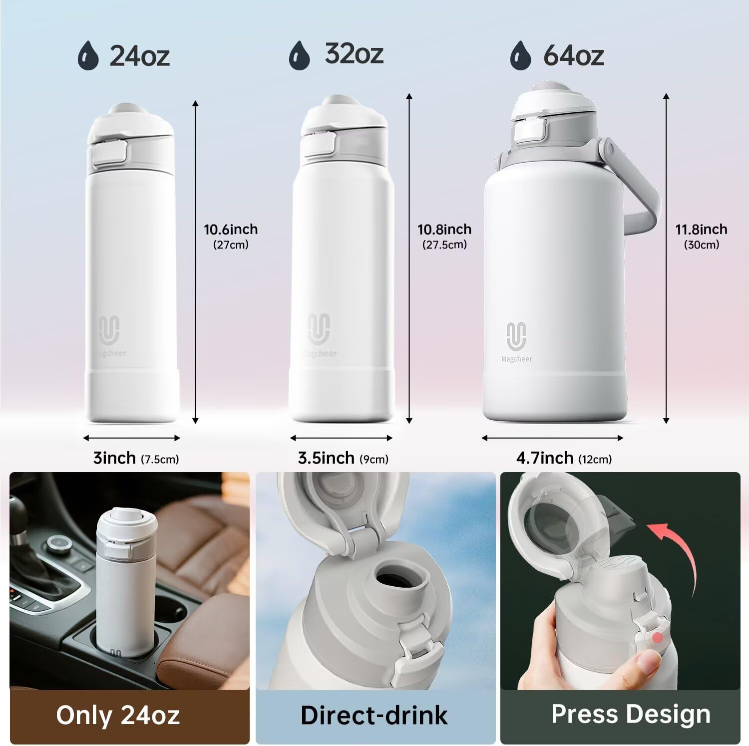 Magcheer Magnetische waterfles met telefoonhouder compatibel met MagSafe geïsoleerde sportfles voor koude dranken voor 24 uur statief fles voor reizen en fitness selfie (zwart)
