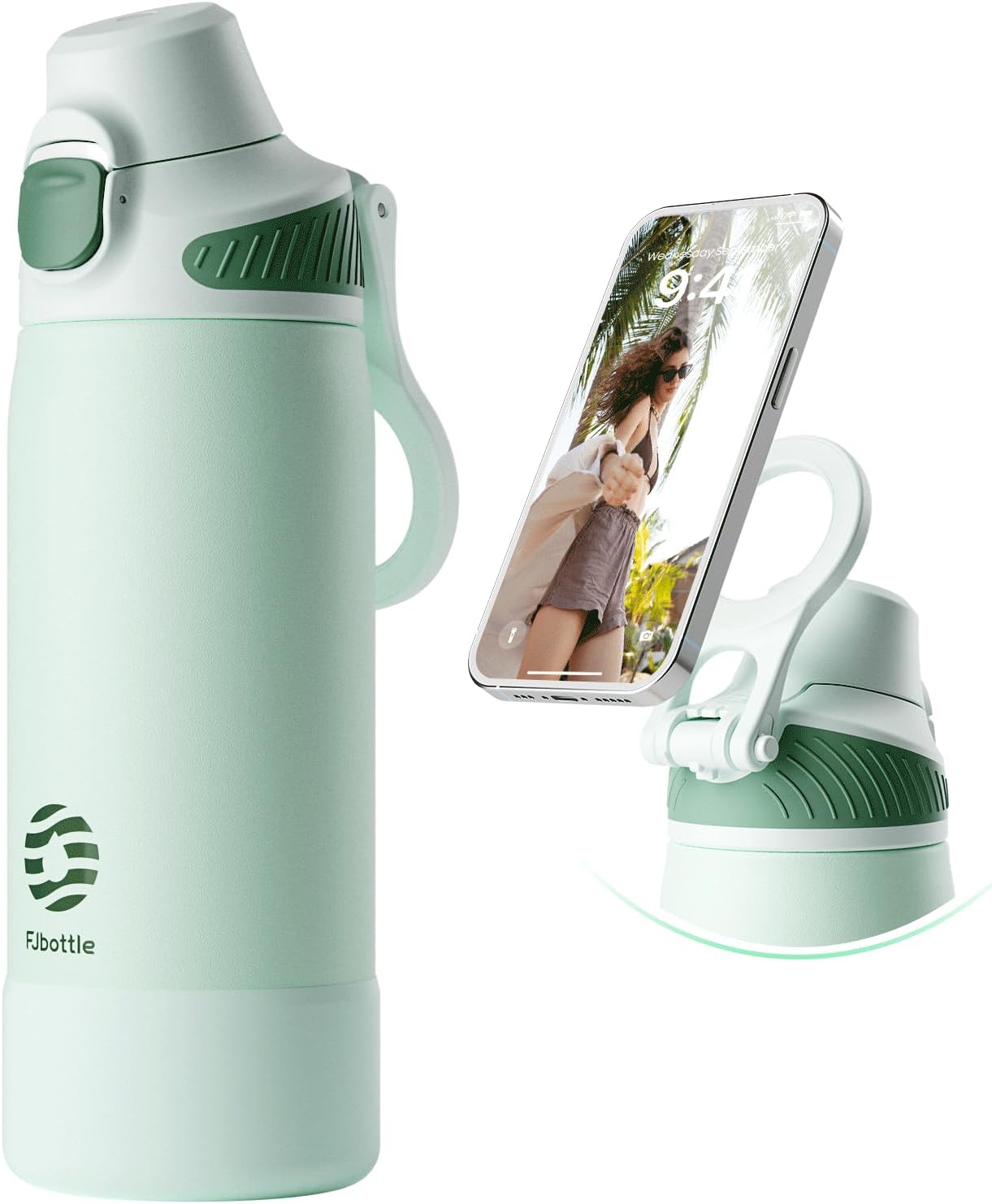 Fjbottle Thermosfles met rietje, magnetische handgreep voor telefoon + dubbel drinksysteem, sportfles, 1 l/700/600 ml, opening met 1 klik, BPA-vrij, lekvrij, voor fitnessstudio, yoga