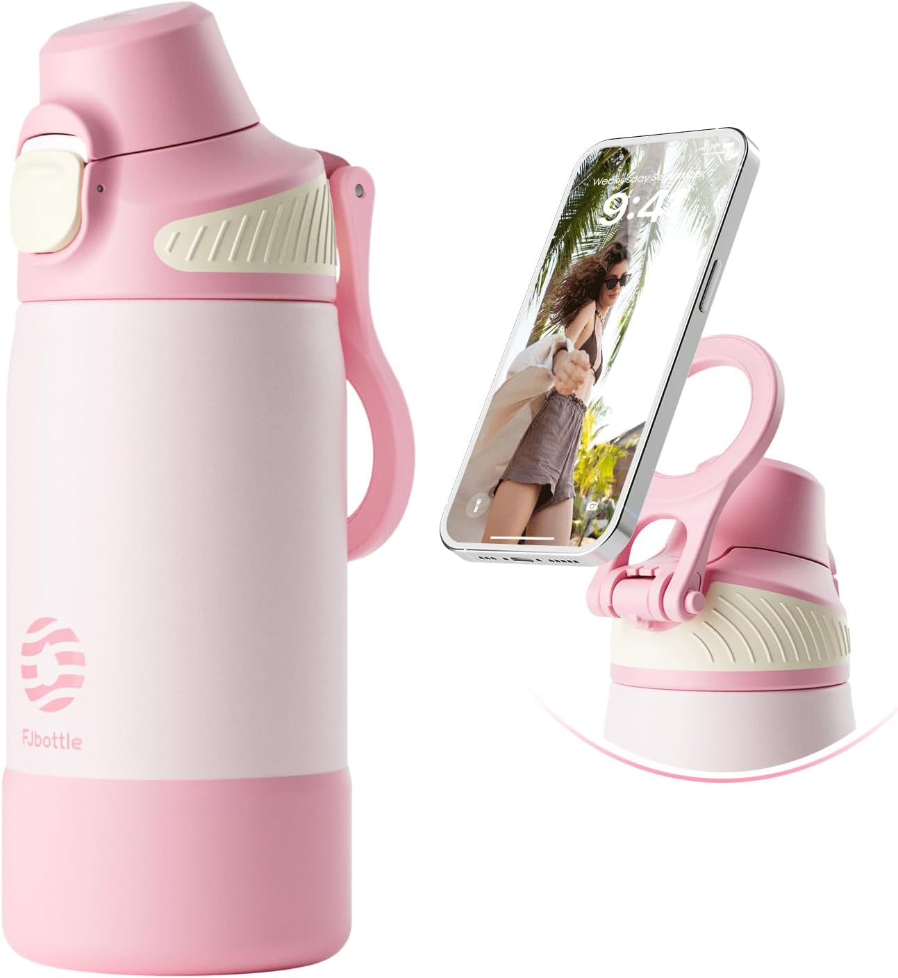 Fjbottle Thermosfles met rietje, magnetische handgreep voor telefoon + dubbel drinksysteem, sportfles, 1 l/700/600 ml, opening met 1 klik, BPA-vrij, lekvrij, voor fitnessstudio, yoga
