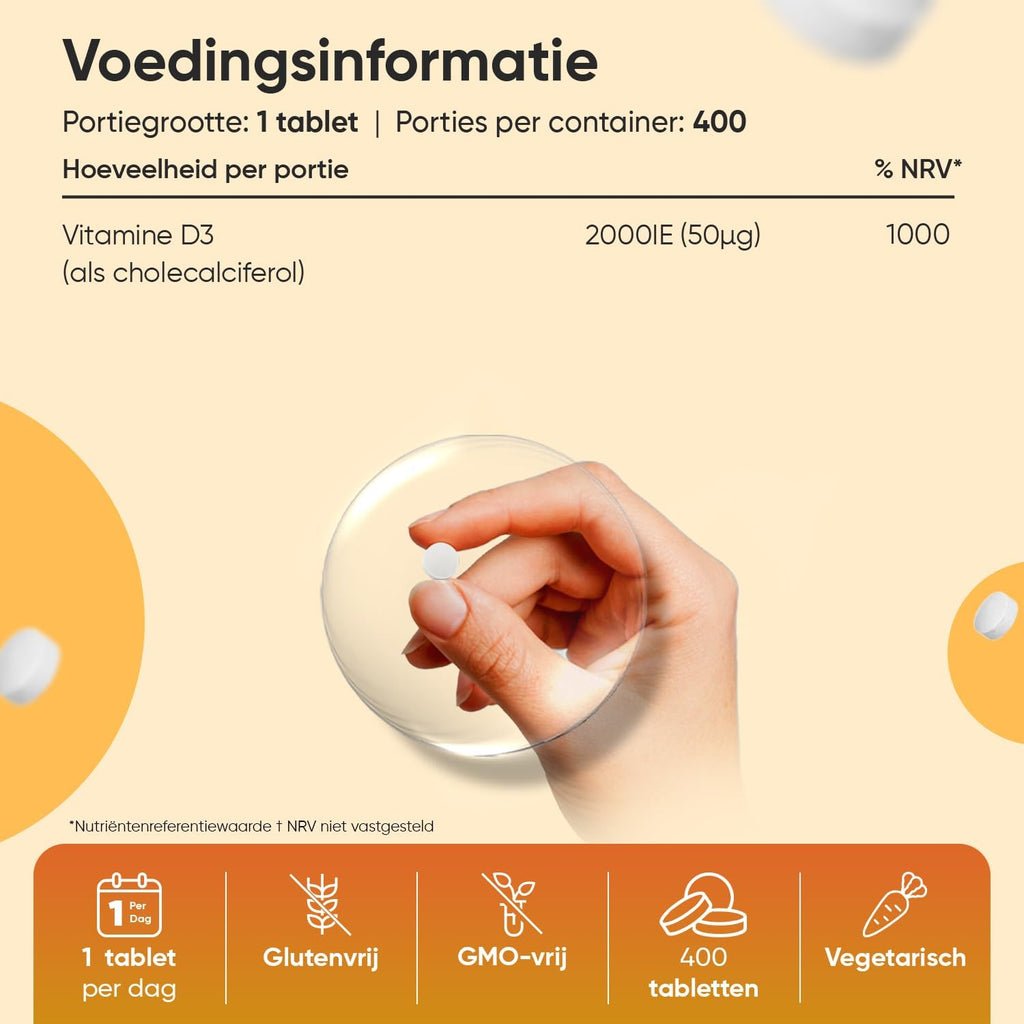 Vitamine D tabletten - 2000 IE vitamine D3 per portie - 400 vegetarische tabletten voor 1+ jaar voorraad - Gemaakt in het Verenigd Koninkrijk - Van WeightWorld