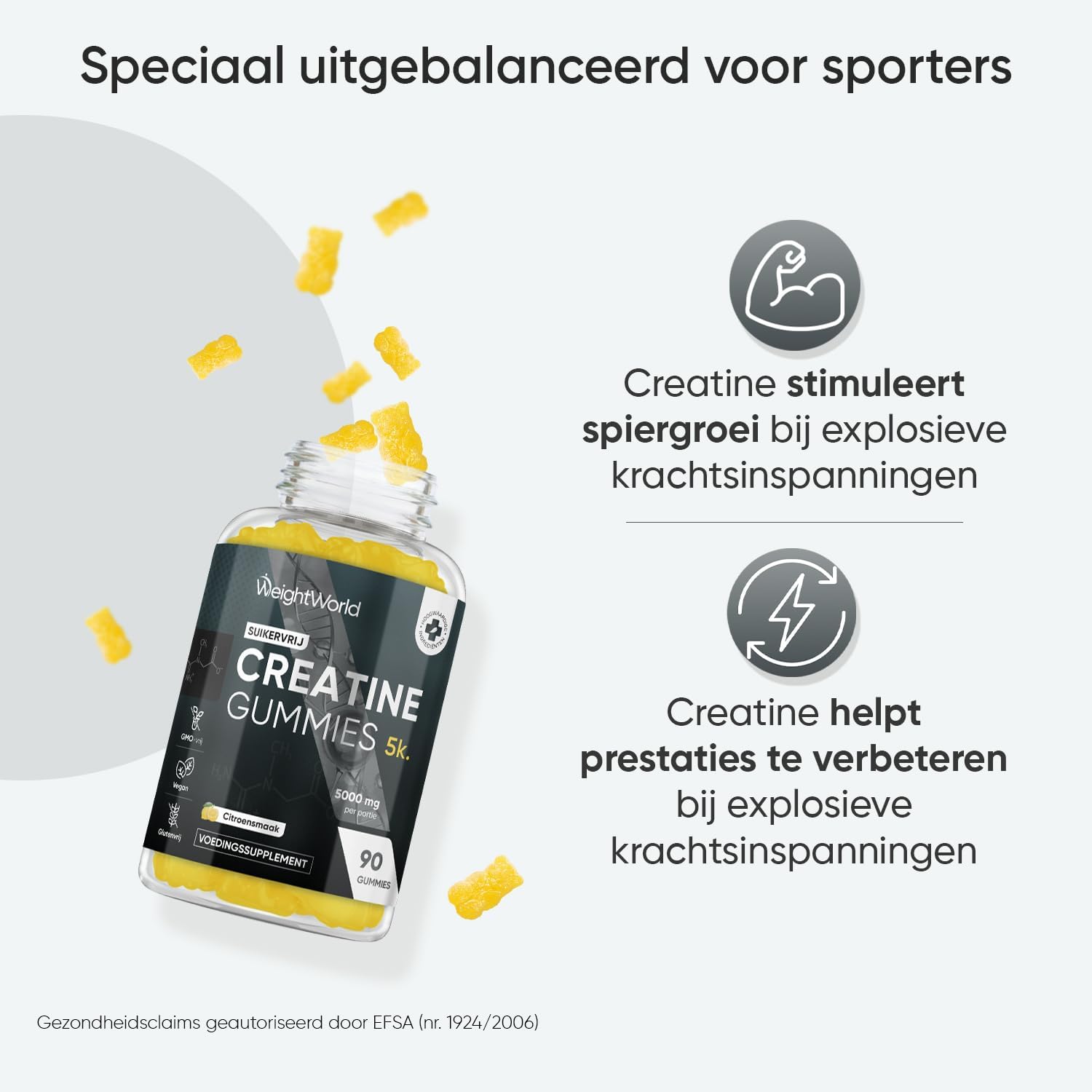 Creatine Monohydraat gummies - 5000 mg Creatine Monohydraat - 90 vegan en suikervrije gummies - Alternatief voor capsules, tabletten of poeder - Natuurlijke citroensmaak - Van WeightWorld