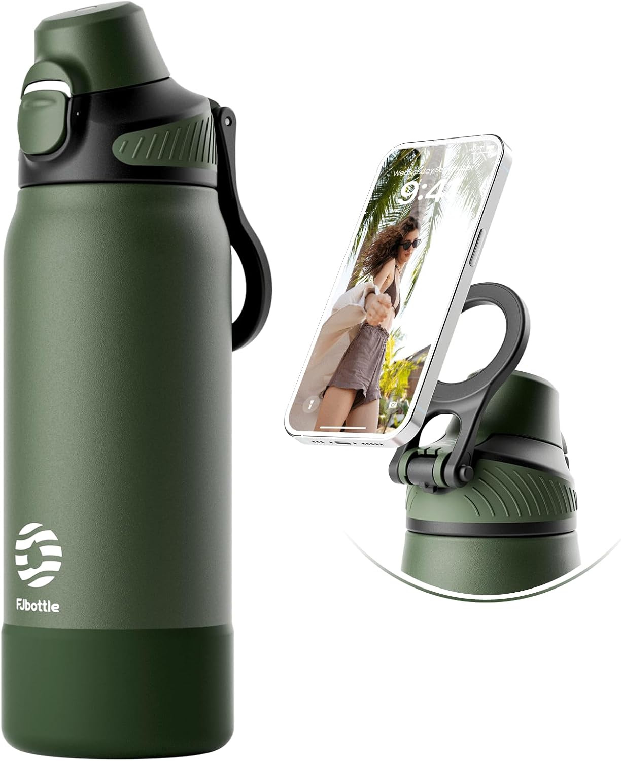 Fjbottle Thermosfles met rietje, magnetische handgreep voor telefoon + dubbel drinksysteem, sportfles, 1 l/700/600 ml, opening met 1 klik, BPA-vrij, lekvrij, voor fitnessstudio, yoga