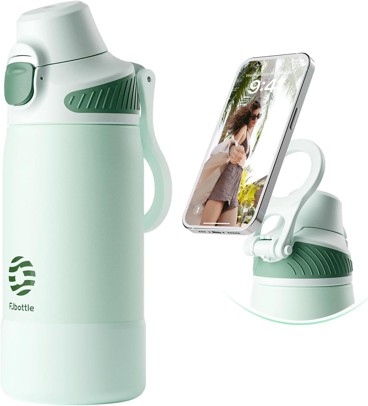 Fjbottle Thermosfles met rietje, magnetische handgreep voor telefoon + dubbel drinksysteem, sportfles, 1 l/700/600 ml, opening met 1 klik, BPA-vrij, lekvrij, voor fitnessstudio, yoga