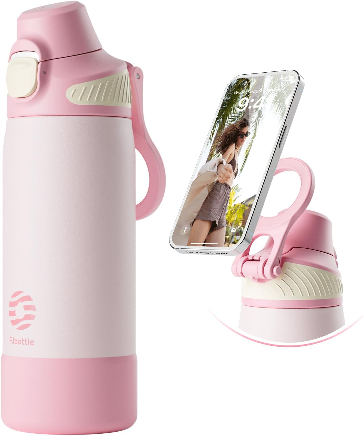 Fjbottle Thermosfles met rietje, magnetische handgreep voor telefoon + dubbel drinksysteem, sportfles, 1 l/700/600 ml, opening met 1 klik, BPA-vrij, lekvrij, voor fitnessstudio, yoga