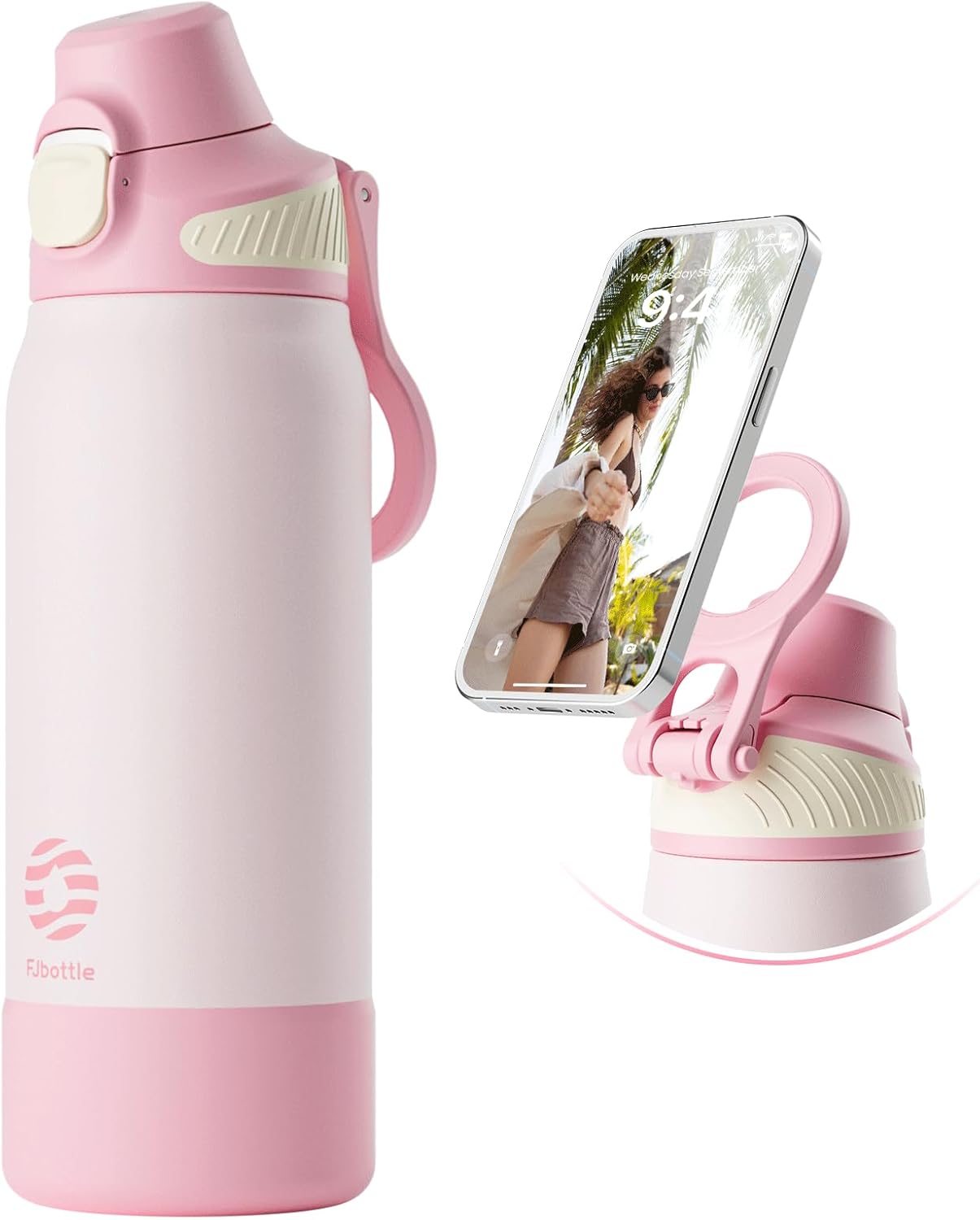 Fjbottle Thermosfles met rietje, magnetische handgreep voor telefoon + dubbel drinksysteem, sportfles, 1 l/700/600 ml, opening met 1 klik, BPA-vrij, lekvrij, voor fitnessstudio, yoga
