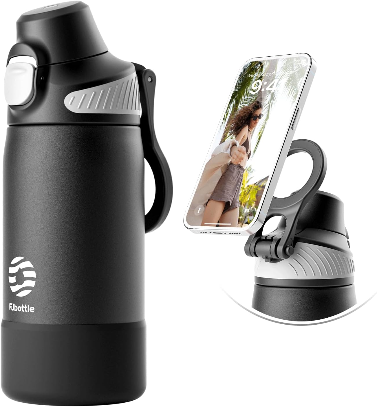 Fjbottle Thermosfles met rietje, magnetische handgreep voor telefoon + dubbel drinksysteem, sportfles, 1 l/700/600 ml, opening met 1 klik, BPA-vrij, lekvrij, voor fitnessstudio, yoga