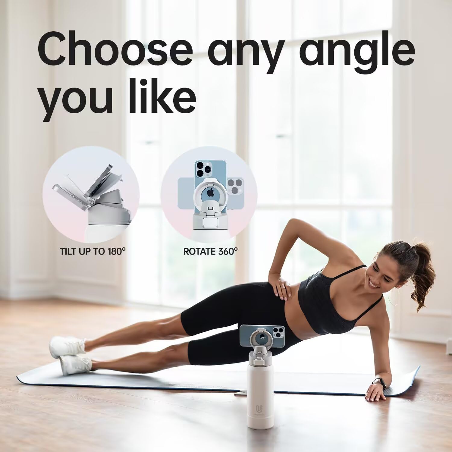 Magcheer Magnetische waterfles met telefoonhouder compatibel met MagSafe geïsoleerde sportfles voor koude dranken voor 24 uur statief fles voor reizen en fitness selfie (zwart)