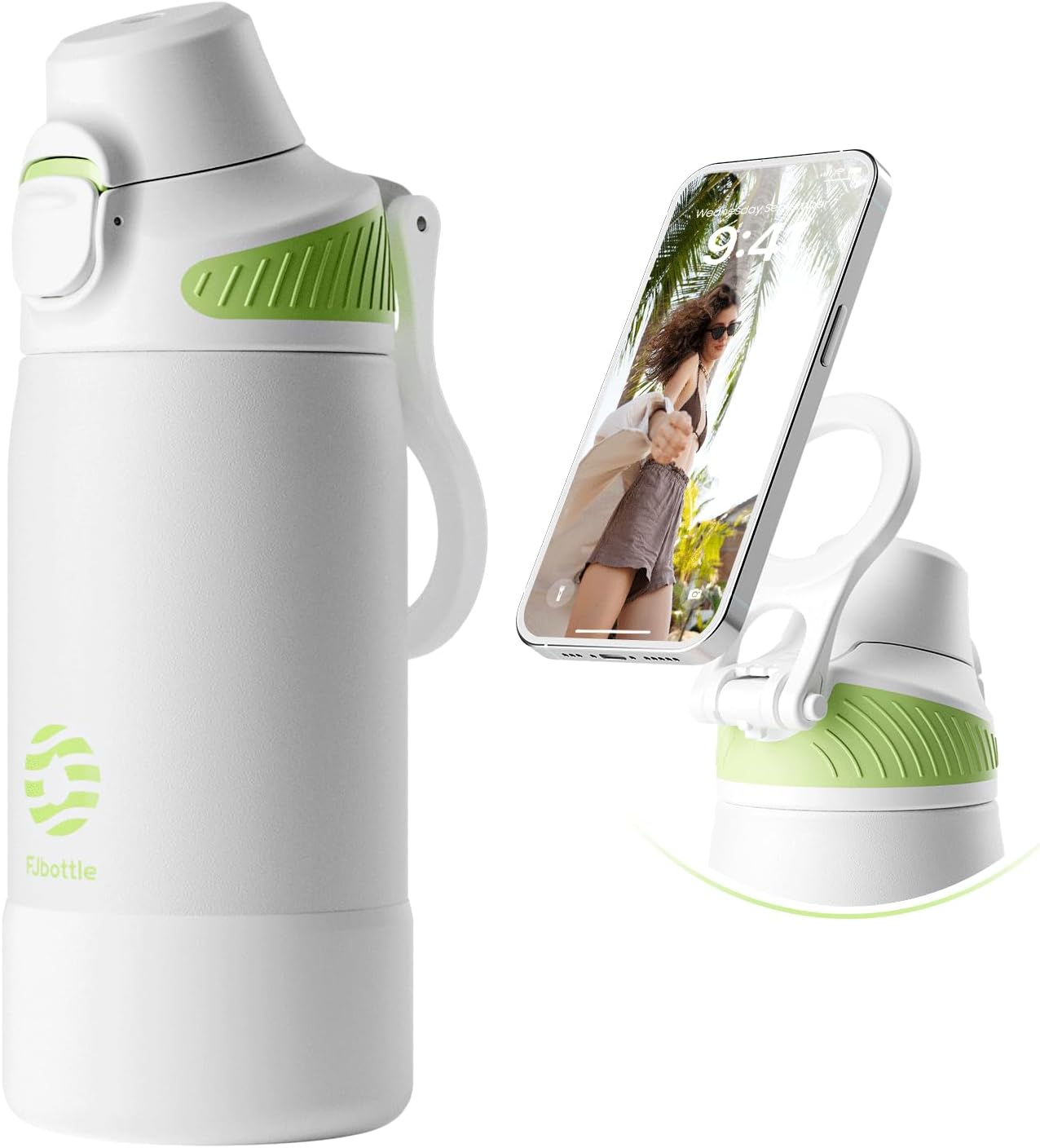 Fjbottle Thermosfles met rietje, magnetische handgreep voor telefoon + dubbel drinksysteem, sportfles, 1 l/700/600 ml, opening met 1 klik, BPA-vrij, lekvrij, voor fitnessstudio, yoga