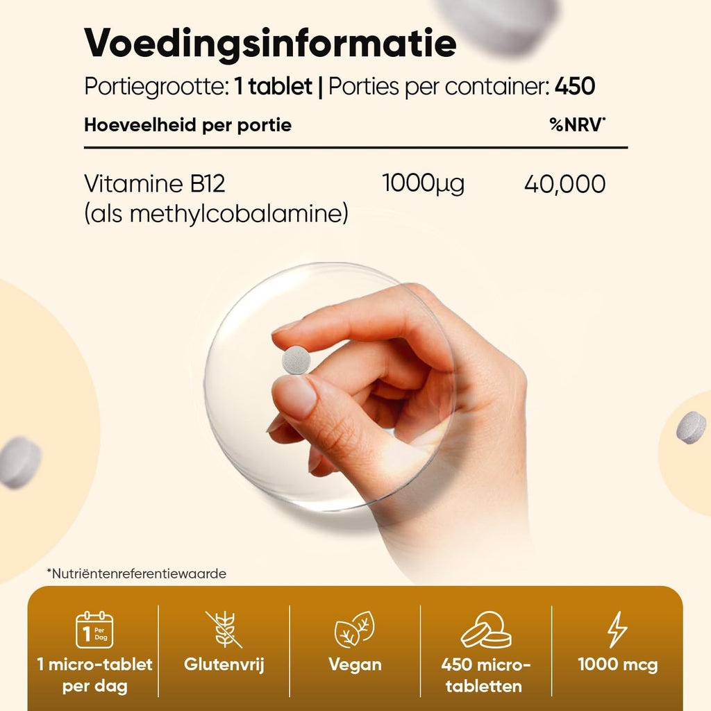 Vitamine B12 tabletten - 450 vegan vitamine B12 micro-tabletten - 1000 mcg methylcobalamine per portie - Meer dan 1 jaar voorraad - Ideaal voor vegetariërs en veganisten - Van WeightWorld