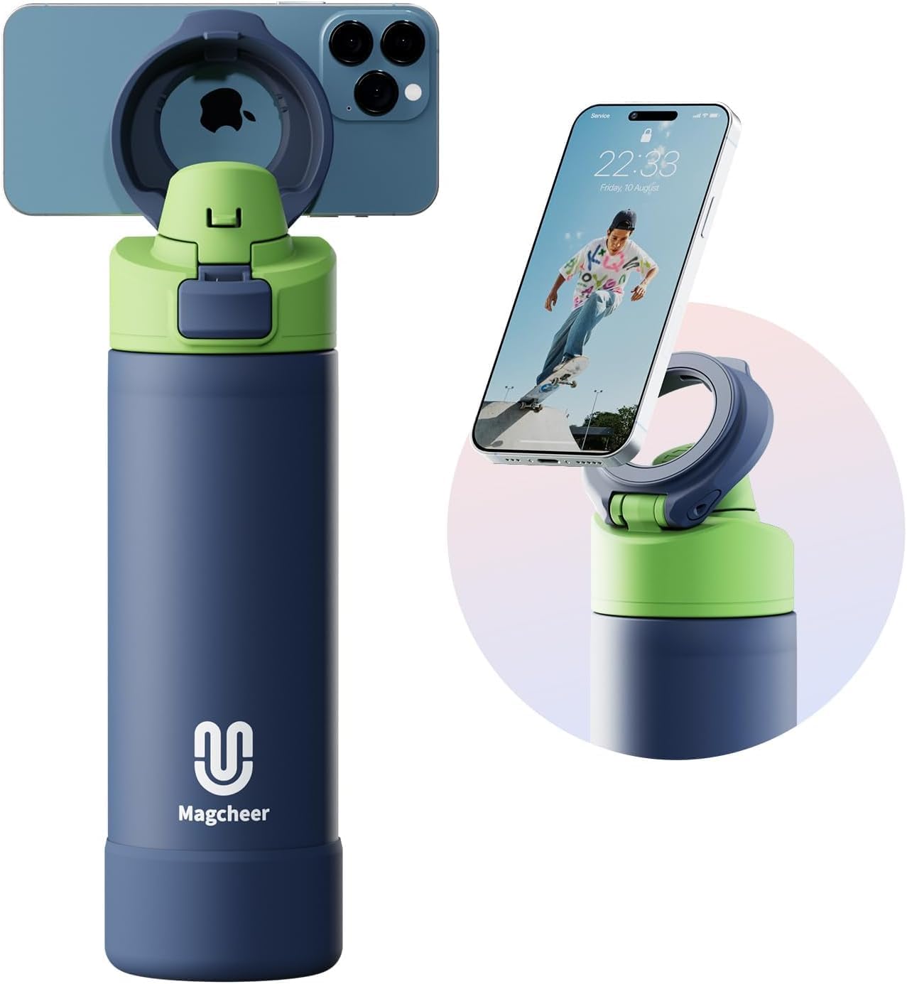 Magcheer Magnetische waterfles met telefoonhouder compatibel met MagSafe geïsoleerde sportfles voor koude dranken voor 24 uur statief fles voor reizen en fitness selfie (zwart)