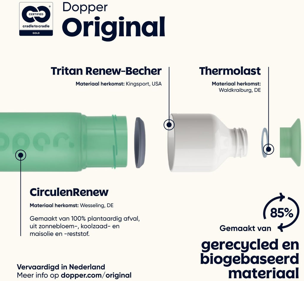 Dopper Original Drinkfles Tidal Teal 450ml - 100% Recyclebare Waterfles - BPA- en ftalaatvrij - Ideale Waterfles voor Onderweg, Fitness & Kantoor