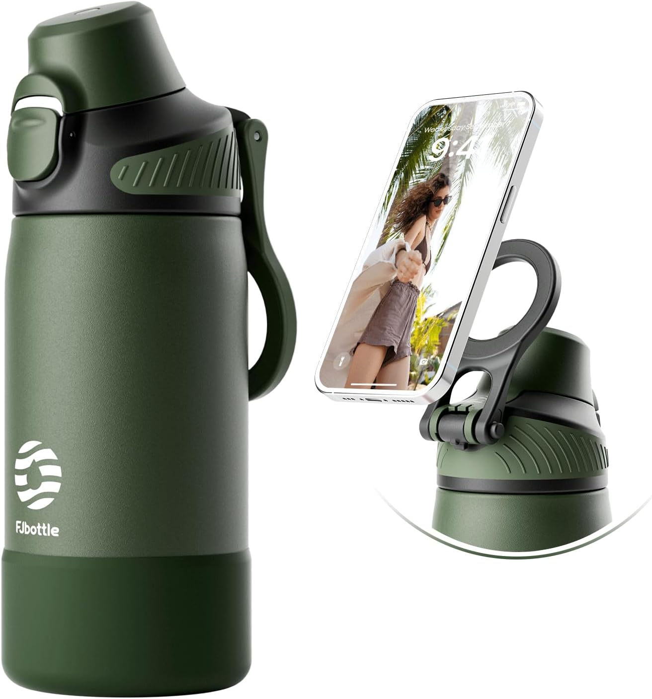 Fjbottle Thermosfles met rietje, magnetische handgreep voor telefoon + dubbel drinksysteem, sportfles, 1 l/700/600 ml, opening met 1 klik, BPA-vrij, lekvrij, voor fitnessstudio, yoga