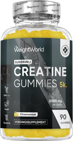 Creatine Monohydraat gummies - 5000 mg Creatine Monohydraat - 90 vegan en suikervrije gummies - Alternatief voor capsules, tabletten of poeder - Natuurlijke citroensmaak - Van WeightWorld