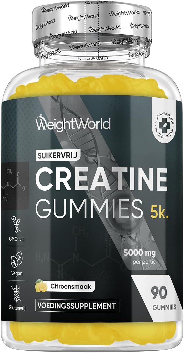 Creatine Monohydraat gummies - 5000 mg Creatine Monohydraat - 90 vegan en suikervrije gummies - Alternatief voor capsules, tabletten of poeder - Natuurlijke citroensmaak - Van WeightWorld