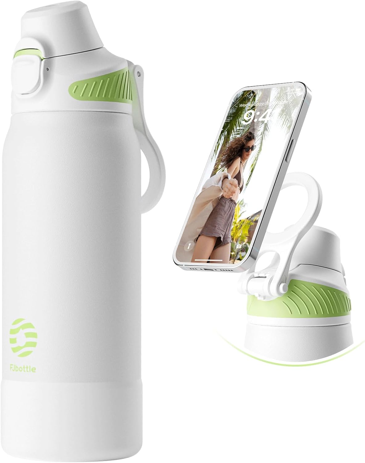 Fjbottle Thermosfles met rietje, magnetische handgreep voor telefoon + dubbel drinksysteem, sportfles, 1 l/700/600 ml, opening met 1 klik, BPA-vrij, lekvrij, voor fitnessstudio, yoga