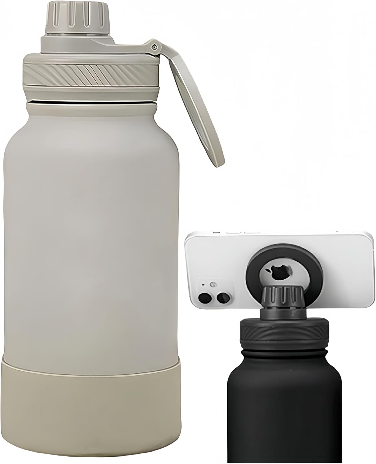 Megnetic geïsoleerde sportwaterfles met 360° draaibaar statief Telefoonhouder Compatibel met Magsafe. Niet verkocht of gemaakt door Magsafe(beige, 623 g)