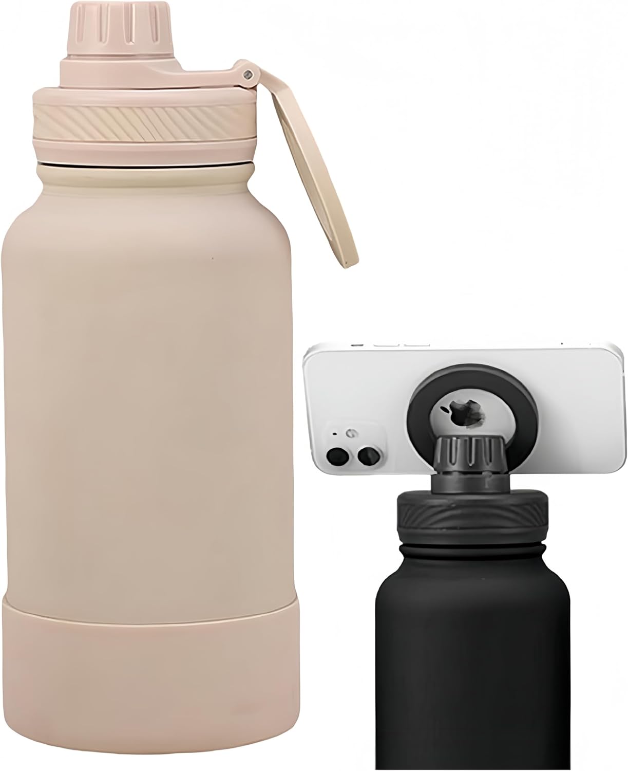 Megnetic geïsoleerde sportwaterfles met 360° draaibaar statief Telefoonhouder Compatibel met Magsafe. Niet verkocht of gemaakt door Magsafe(beige, 623 g)