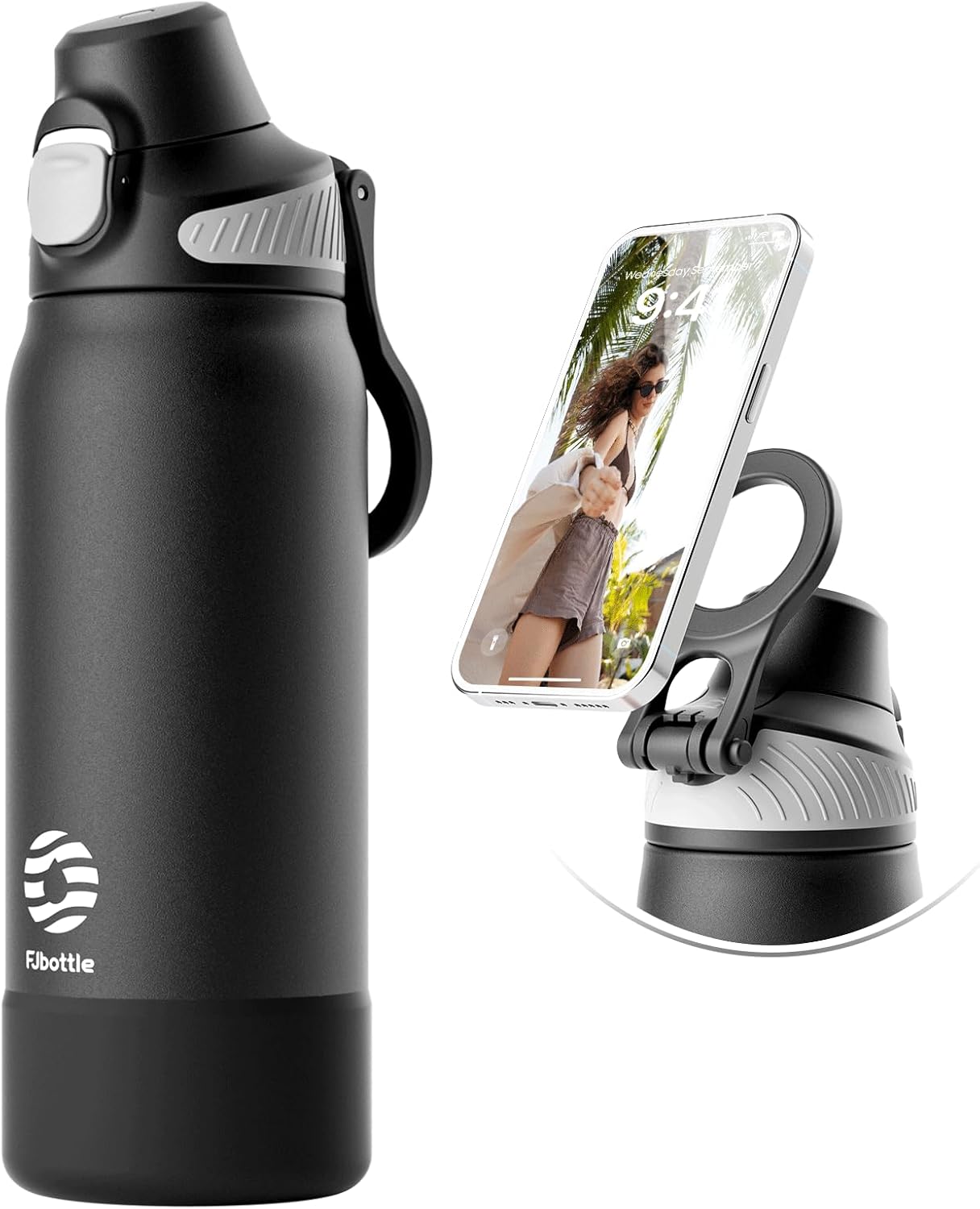 Fjbottle Thermosfles met rietje, magnetische handgreep voor telefoon + dubbel drinksysteem, sportfles, 1 l/700/600 ml, opening met 1 klik, BPA-vrij, lekvrij, voor fitnessstudio, yoga
