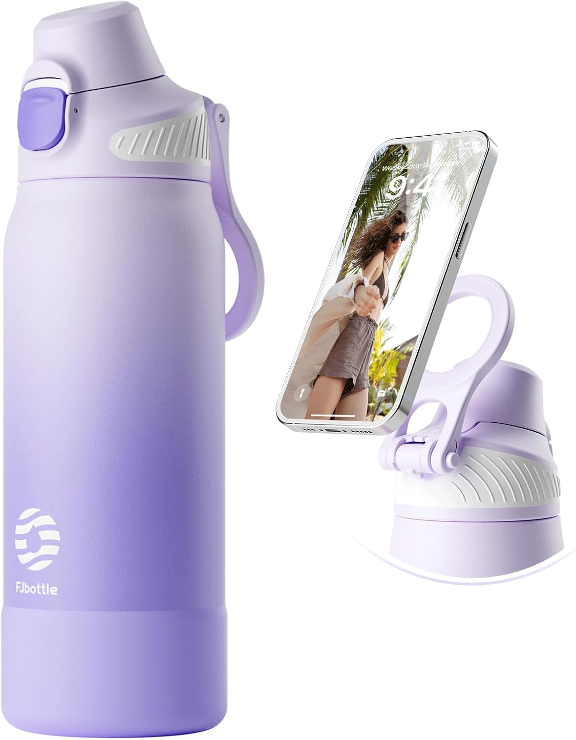 Fjbottle Thermosfles met rietje, magnetische handgreep voor telefoon + dubbel drinksysteem, sportfles, 1 l/700/600 ml, opening met 1 klik, BPA-vrij, lekvrij, voor fitnessstudio, yoga