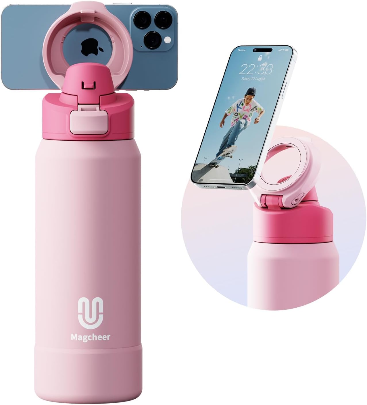 Magcheer Magnetische waterfles met telefoonhouder compatibel met MagSafe geïsoleerde sportfles voor koude dranken voor 24 uur statief fles voor reizen en fitness selfie (zwart)
