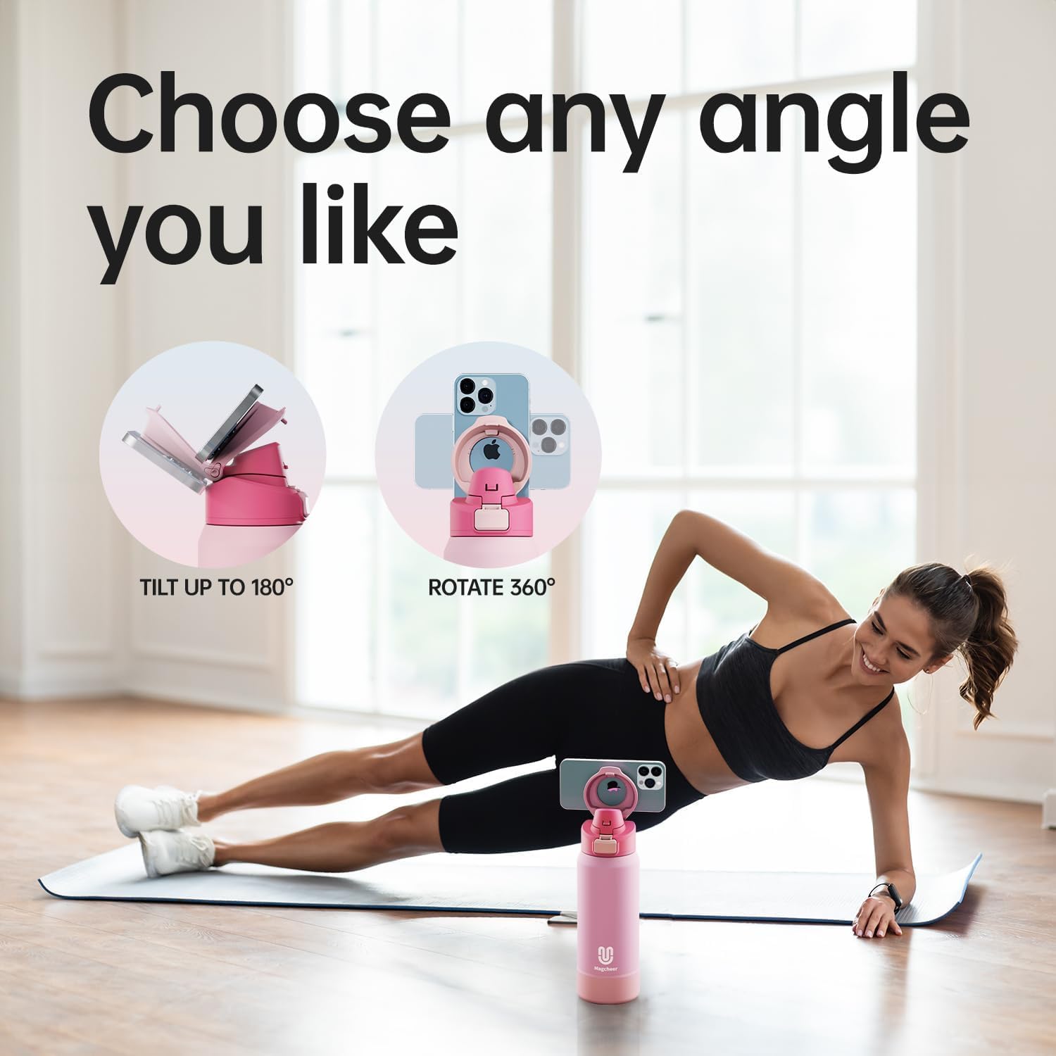 Magcheer Magnetische waterfles met telefoonhouder compatibel met MagSafe geïsoleerde sportfles voor koude dranken voor 24 uur statief fles voor reizen en fitness selfie (zwart)