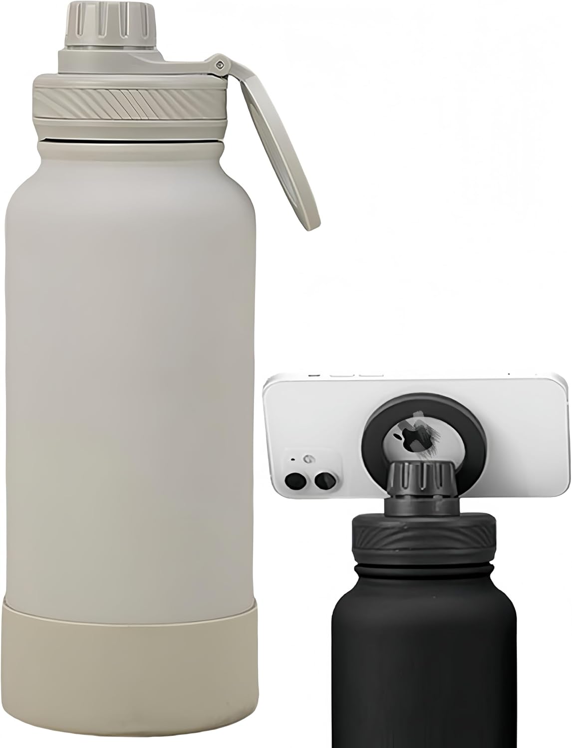 Megnetic geïsoleerde sportwaterfles met 360° draaibaar statief Telefoonhouder Compatibel met Magsafe. Niet verkocht of gemaakt door Magsafe(beige, 623 g)