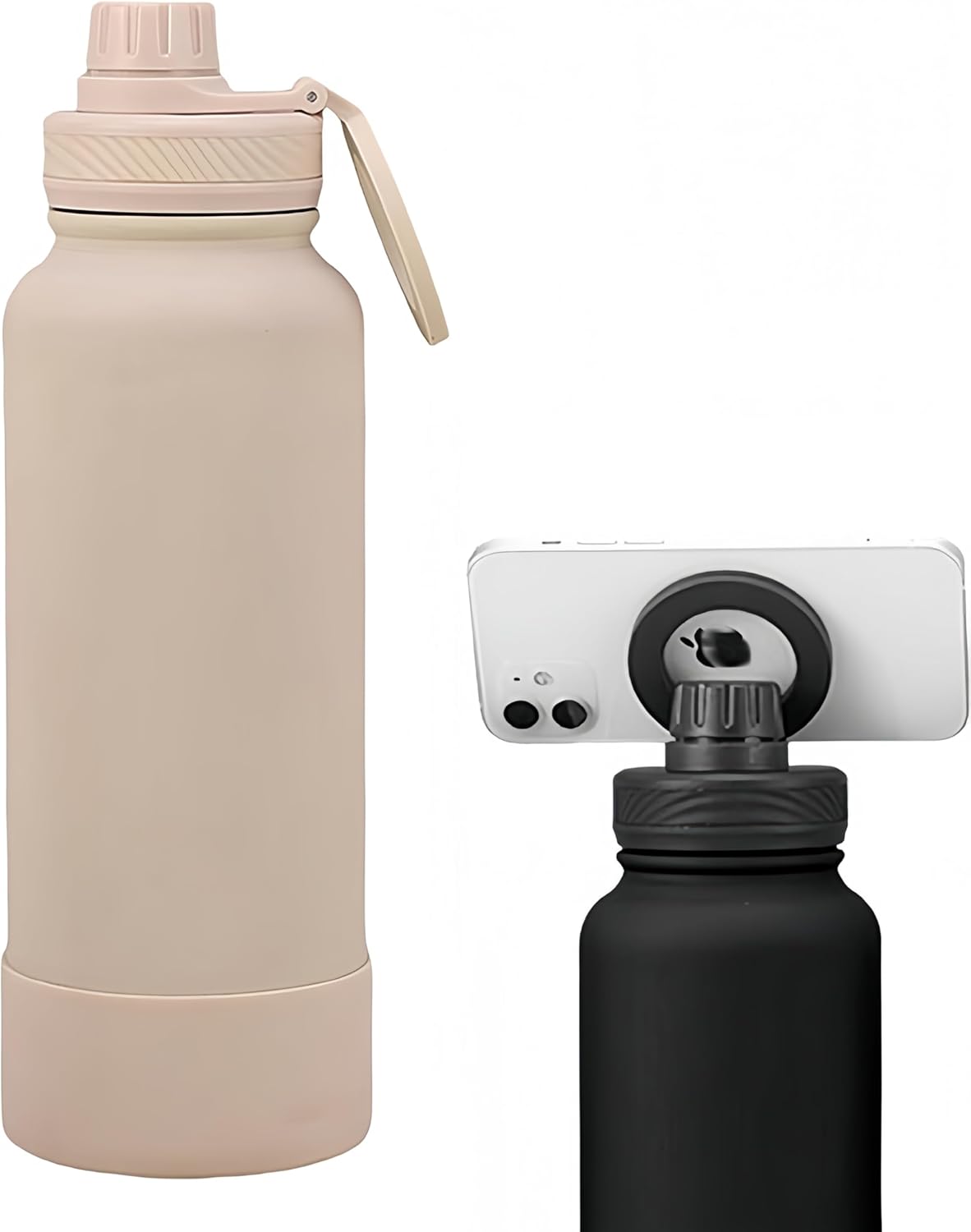 Megnetic geïsoleerde sportwaterfles met 360° draaibaar statief Telefoonhouder Compatibel met Magsafe. Niet verkocht of gemaakt door Magsafe(beige, 623 g)