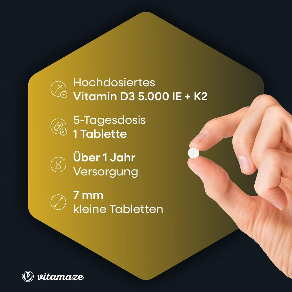 Vitamine D3 K2 hoge dosering, 180 tabletten, 5000 IE vitamine D3 + 100 mcg vitamine K2 depot, zonder onnodige toevoegingen, hoge biologische beschikbaarheid, gemaakt in Duitsland