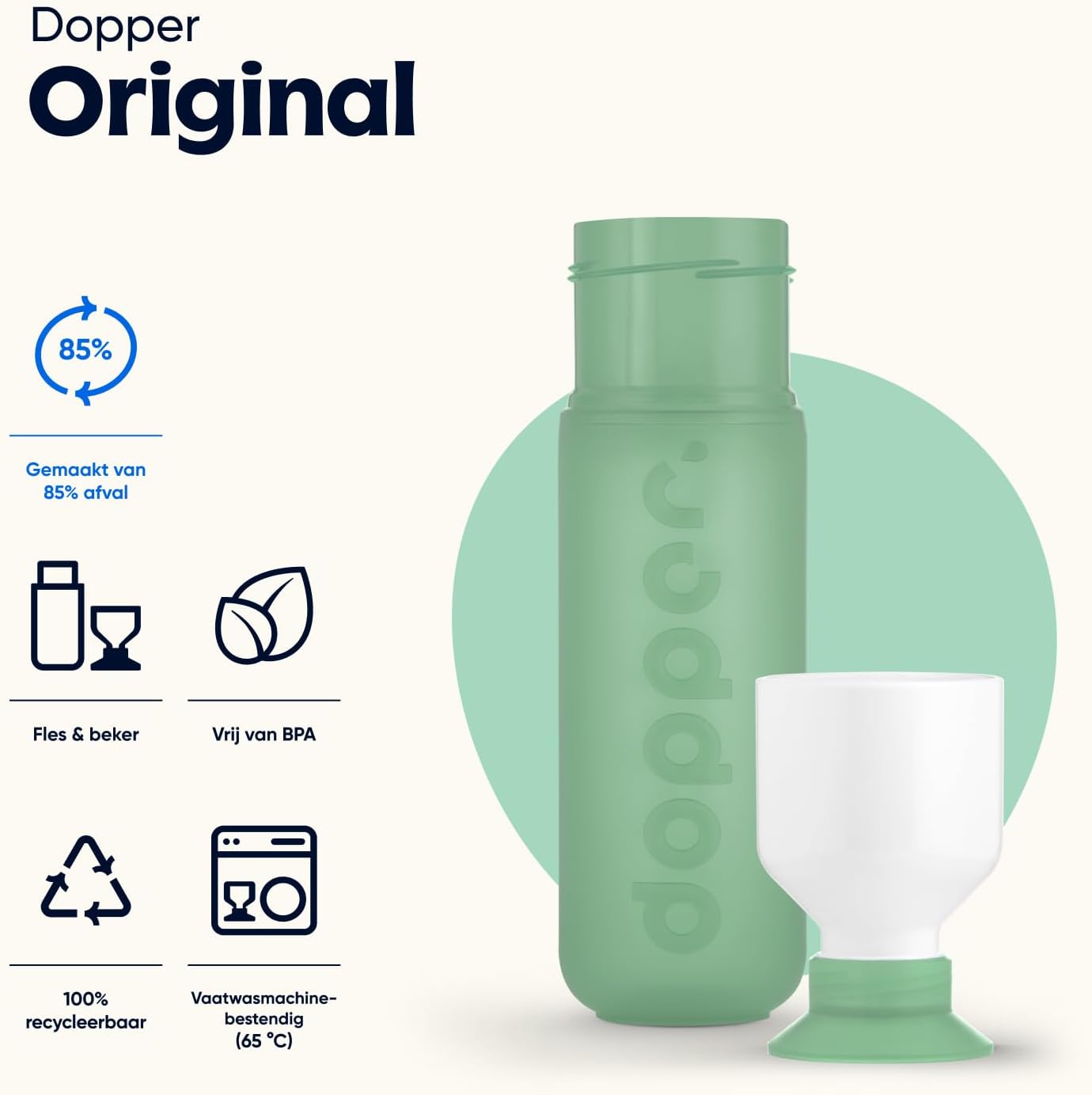 Dopper Original Drinkfles Tidal Teal 450ml - 100% Recyclebare Waterfles - BPA- en ftalaatvrij - Ideale Waterfles voor Onderweg, Fitness & Kantoor