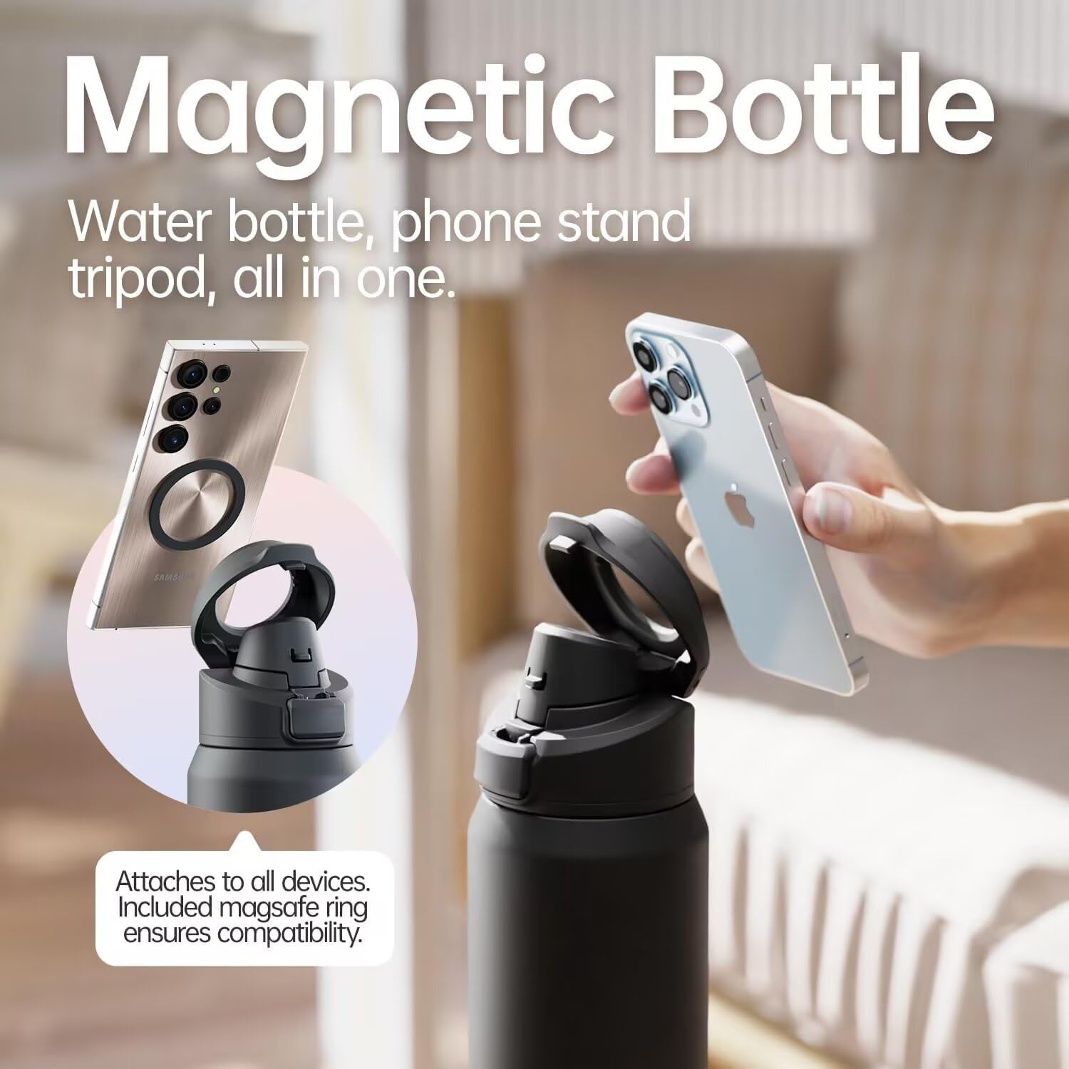 Magcheer Magnetische waterfles met telefoonhouder compatibel met MagSafe geïsoleerde sportfles voor koude dranken voor 24 uur statief fles voor reizen en fitness selfie (zwart)