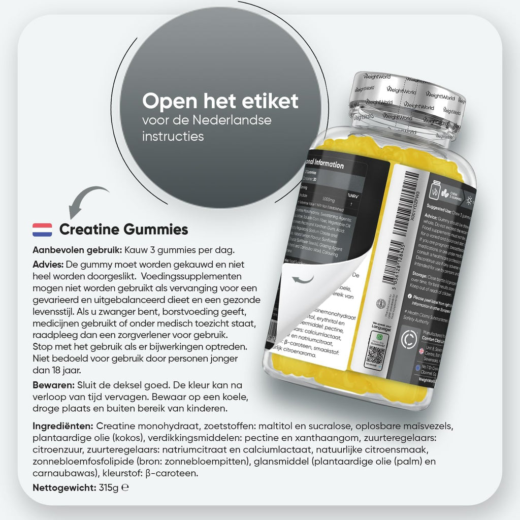 Creatine Monohydraat gummies - 5000 mg Creatine Monohydraat - 90 vegan en suikervrije gummies - Alternatief voor capsules, tabletten of poeder - Natuurlijke citroensmaak - Van WeightWorld