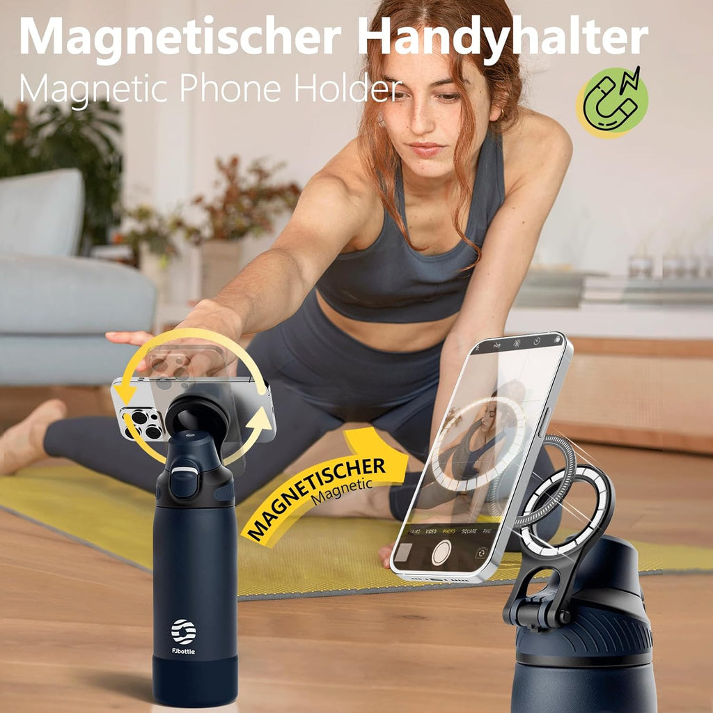 Fjbottle Thermosfles met rietje, magnetische handgreep voor telefoon + dubbel drinksysteem, sportfles, 1 l/700/600 ml, opening met 1 klik, BPA-vrij, lekvrij, voor fitnessstudio, yoga