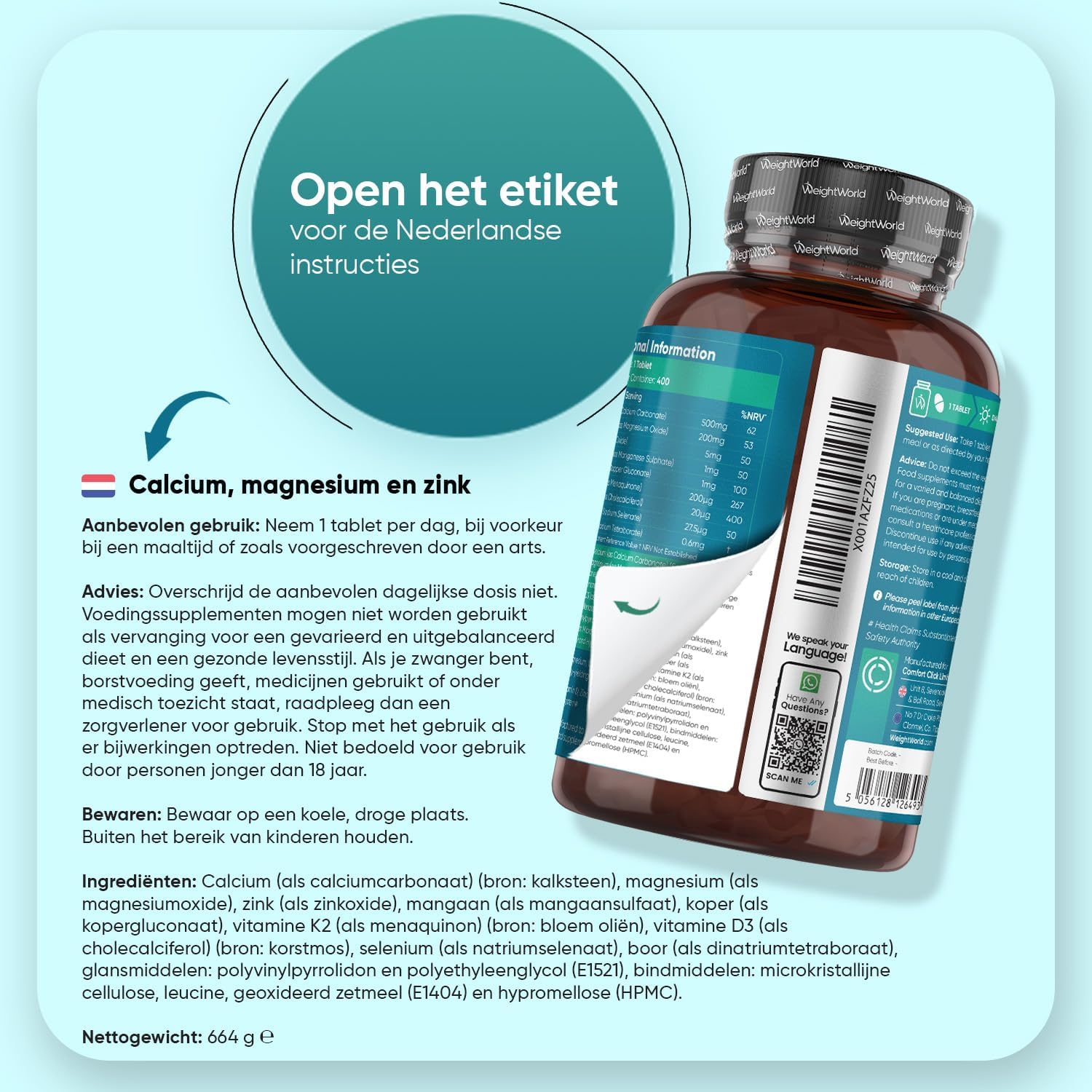 Calcium, Magnesium en Zink tabletten - 400 vegan tabletten voor meer dan 1 jaar - Bevat 9 vitamines en mineralen - Vitamine D3, K2, Selenium en Koper - Van WeightWorld