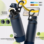 Fjbottle Thermosfles met rietje, magnetische handgreep voor telefoon + dubbel drinksysteem, sportfles, 1 l/700/600 ml, opening met 1 klik, BPA-vrij, lekvrij, voor fitnessstudio, yoga