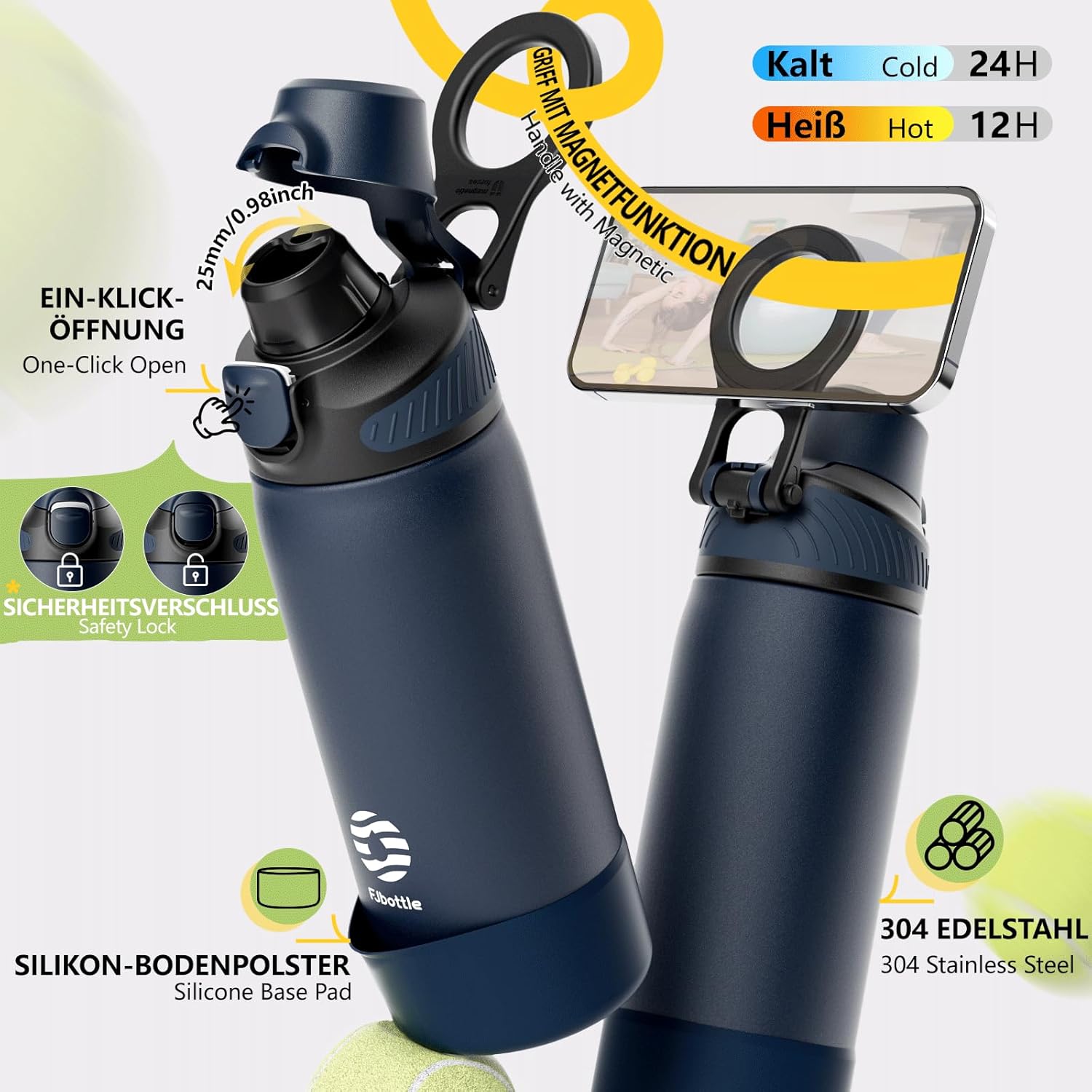 Fjbottle Thermosfles met rietje, magnetische handgreep voor telefoon + dubbel drinksysteem, sportfles, 1 l/700/600 ml, opening met 1 klik, BPA-vrij, lekvrij, voor fitnessstudio, yoga