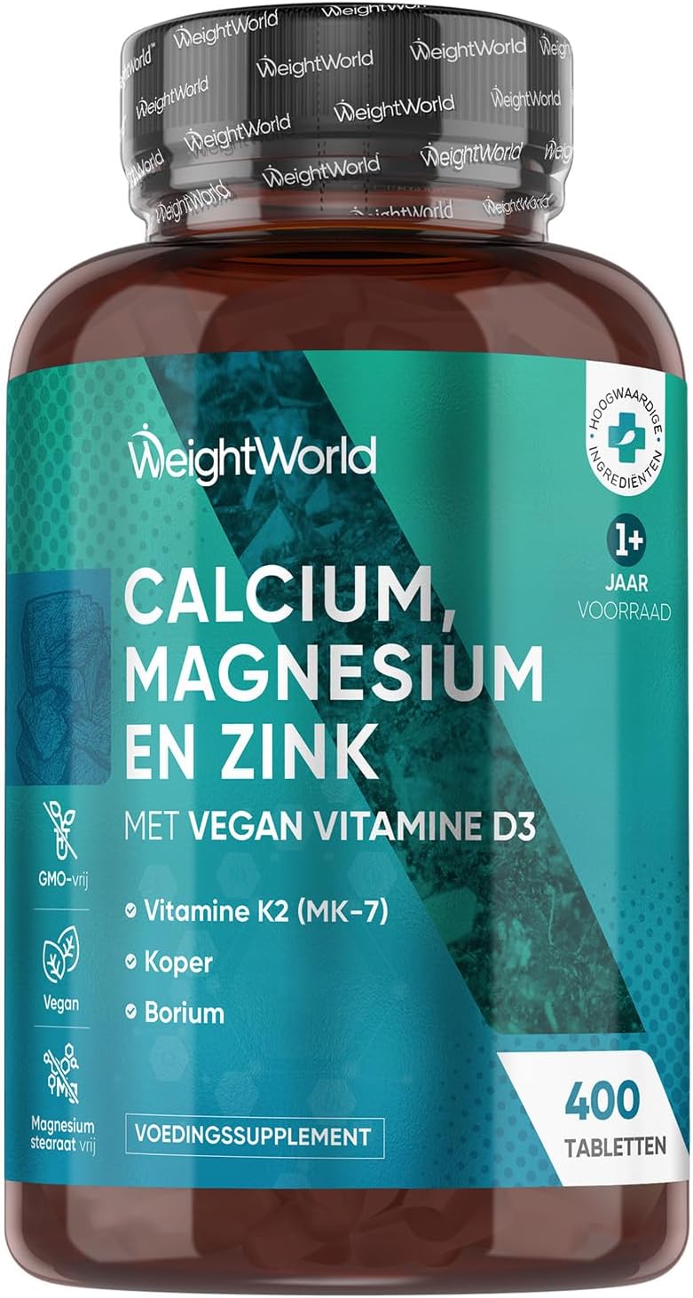 Calcium, Magnesium en Zink tabletten - 400 vegan tabletten voor meer dan 1 jaar - Bevat 9 vitamines en mineralen - Vitamine D3, K2, Selenium en Koper - Van WeightWorld