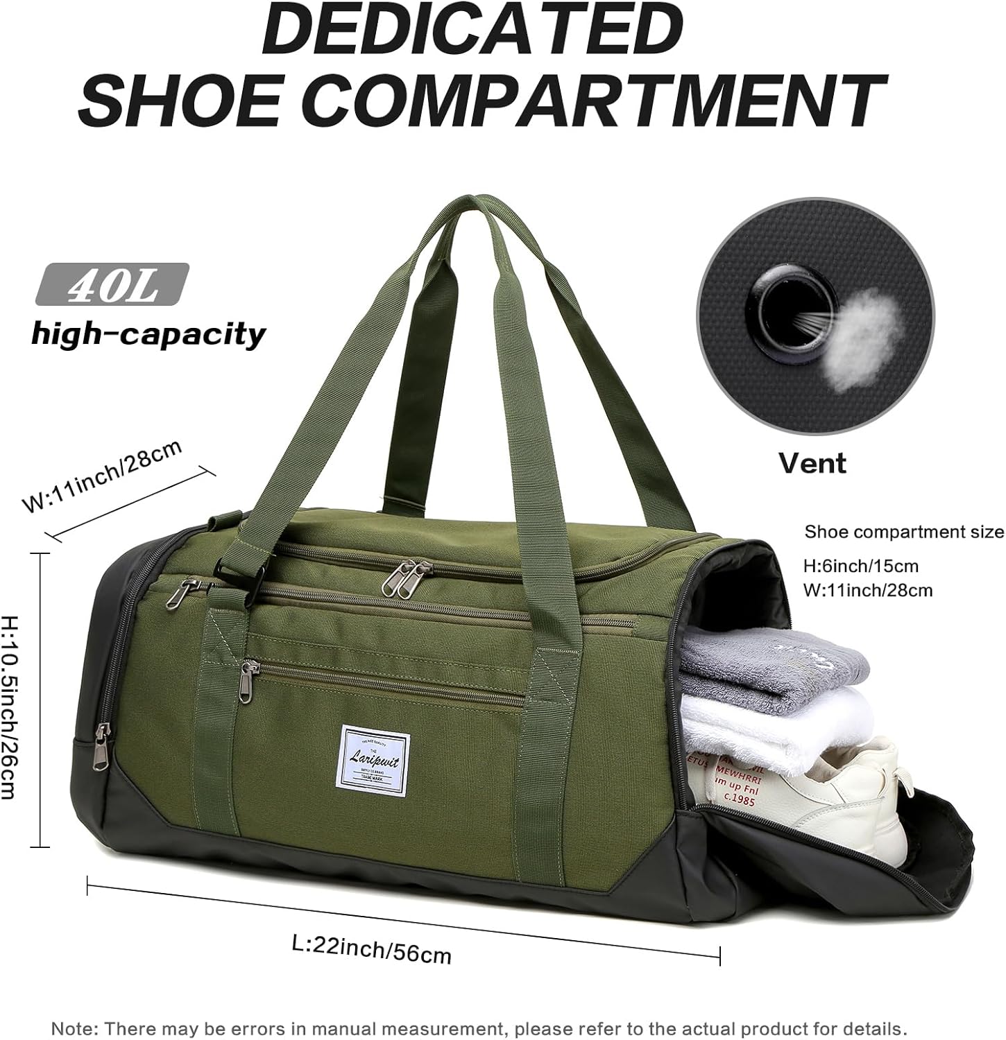Laripwit Reistas voor Heren 40L Middelgrote Sporttas met Schoenenvak en Natvak Sporttassen Damesweekendtas voor Reizen, Sport, Fitness, kamperen, Bruin